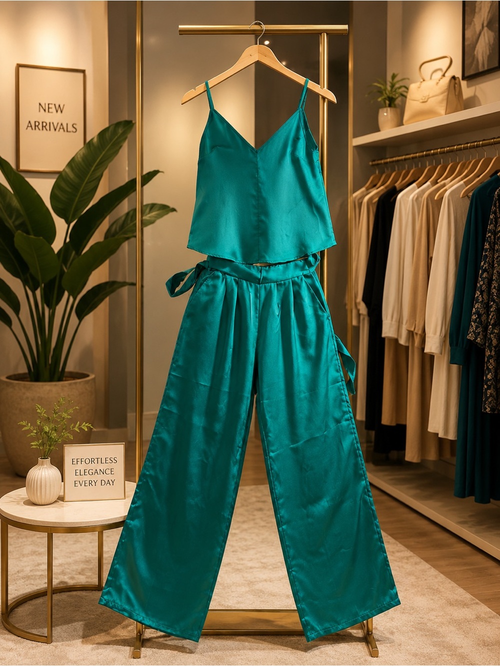 Satin Two-Piece Set | Cami Top & Wide-Leg Pants with pockets